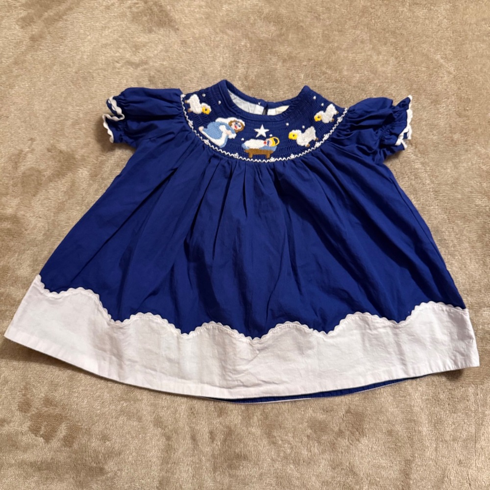 Lil Cactus Baby Girl Smocked Nativity Dress Blue Cotton Christmas 3-6M - Picture 1 of 6